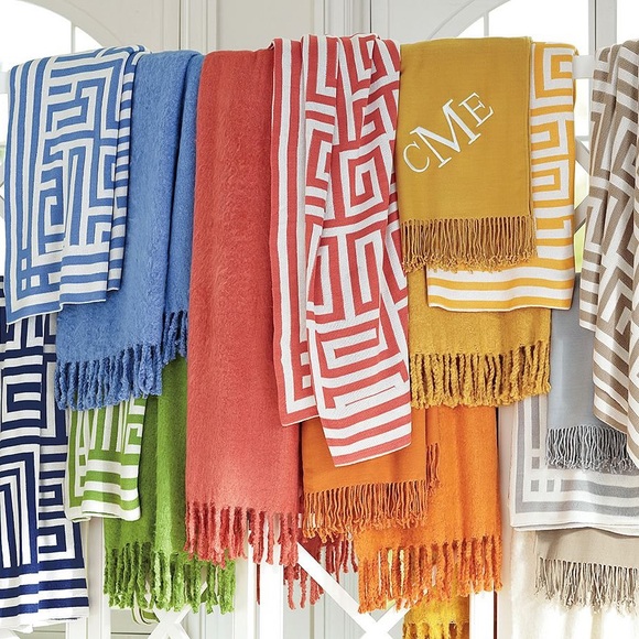 New Pottery Barn Greek Key Oversized Cotton Throw, 55X80” Marigold Yellow - Picture 4 of 11